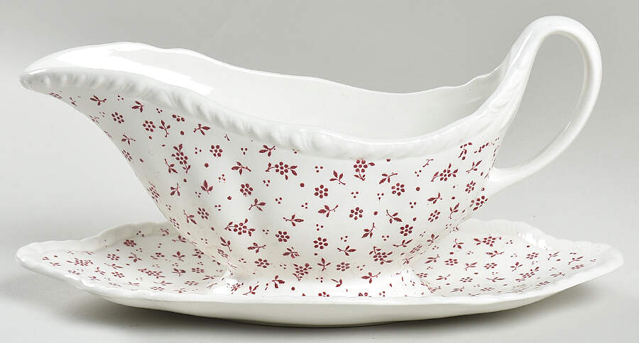 Sprig Pink Gravy Boat with Attached Underplate by Adams China-1
