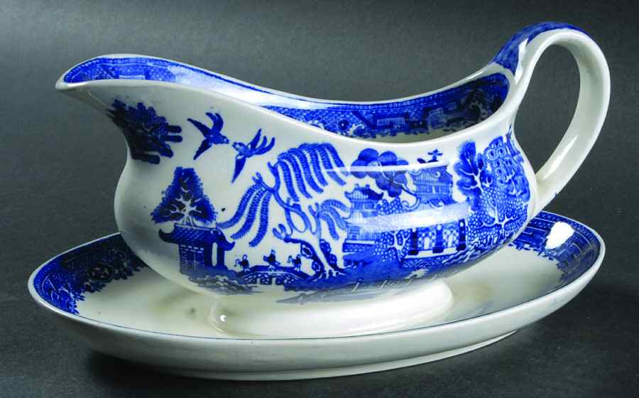 Willow Blue (Smooth, No Trim) Gravy Boat with Attached Underplate by Adams China-1
