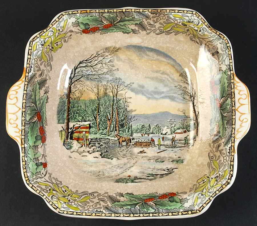 Winter Scenes Black, Multicolor Square Handled Cake Plate by Adams China-1