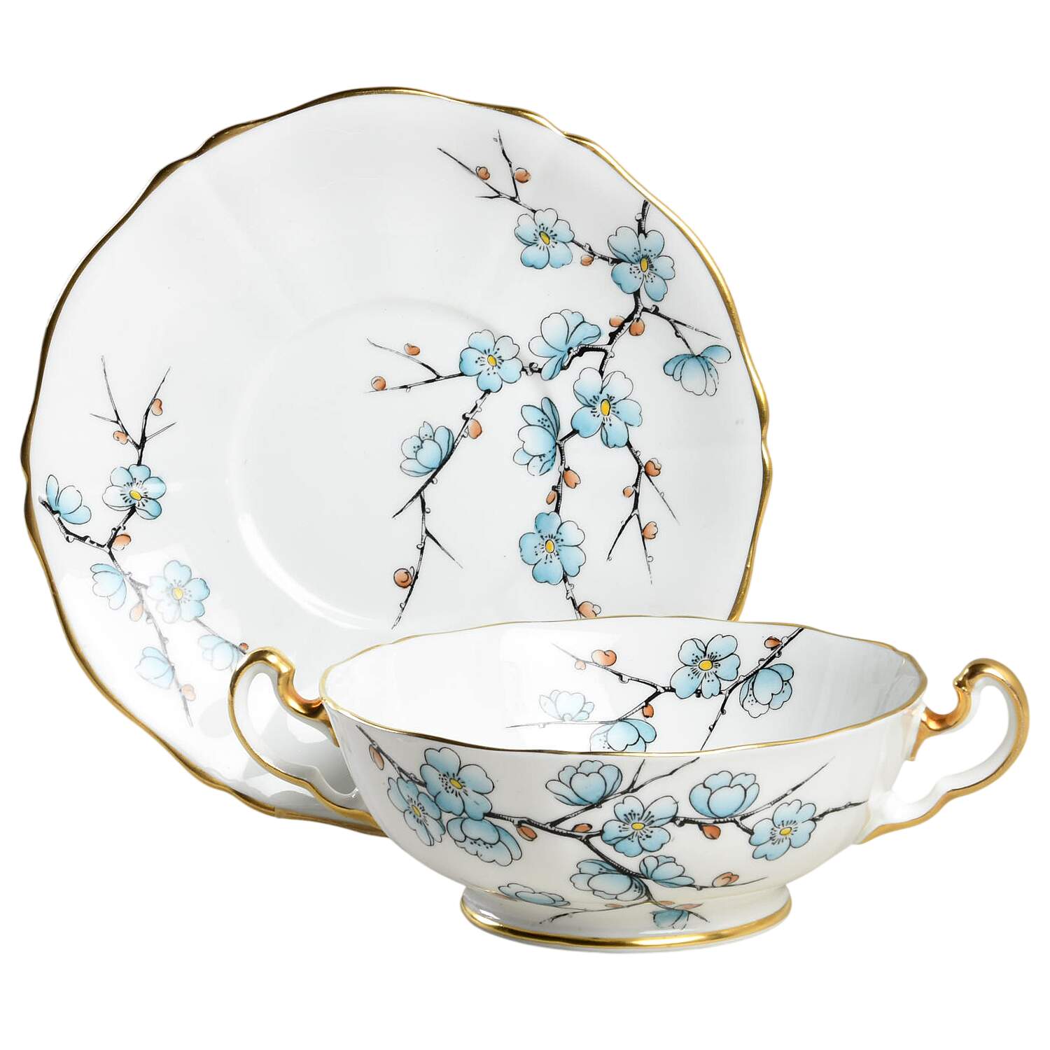Chinese Blossom (Blue Flowers) Footed Cream Soup Bowl & Saucer Set by Adderley-1