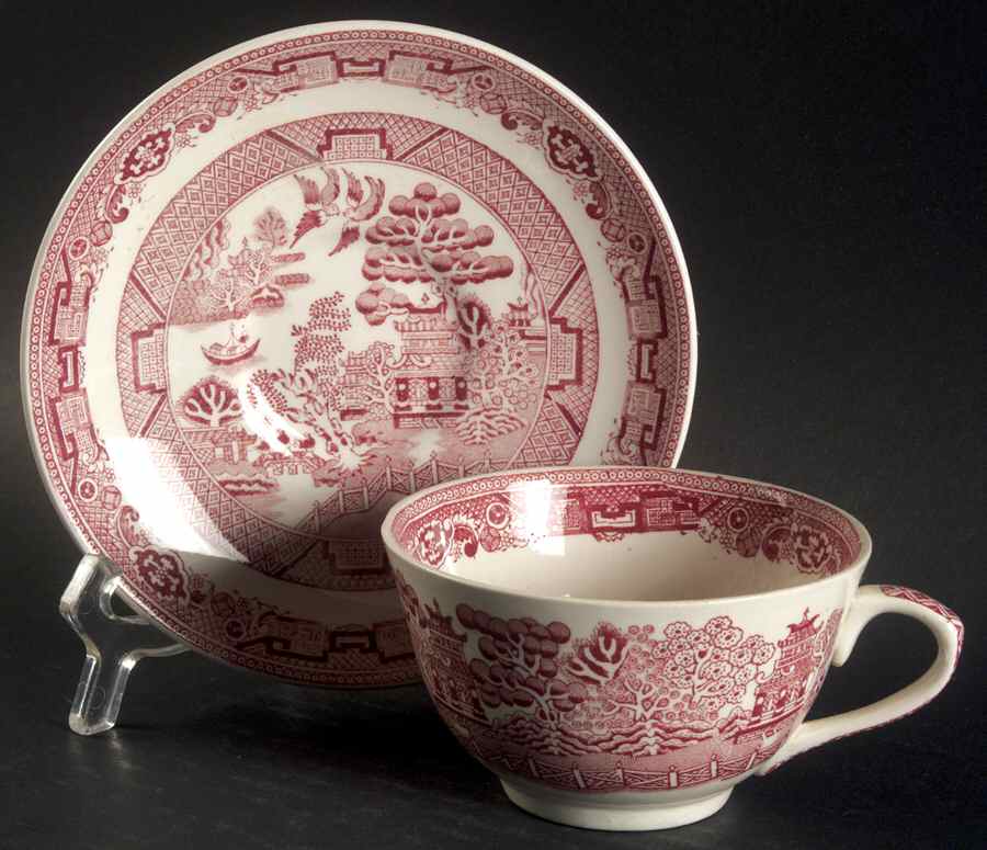Willow Pink (Cream Background) Flat Cup & Saucer Set by Allerton's-1