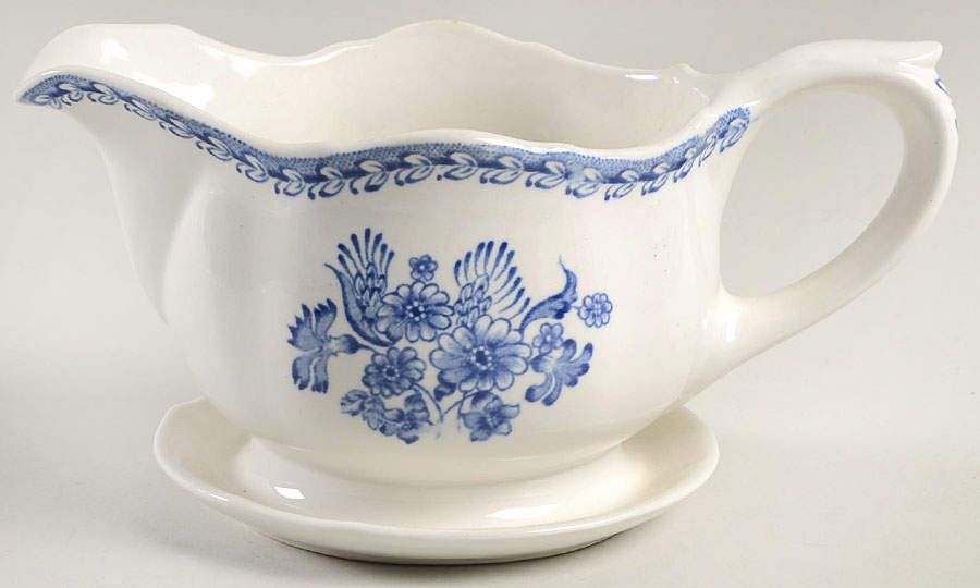 Finn Flower Blue (White Backgound) Gravy Boat with Attached Underplate by Arabia of Finland-1