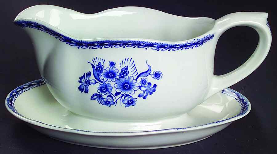 Finn Flower Blue (White Backgound) Gravy Boat with Attached Underplate by Arabia of Finland-1