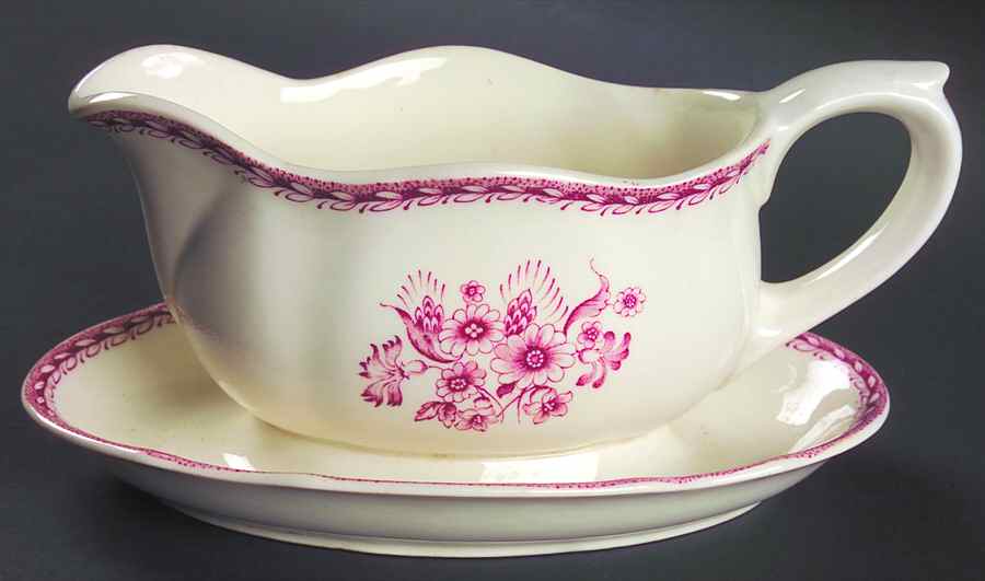 Finn Flower Red (Cream Background) Gravy Boat with Attached Underplate by Arabia of Finland-1