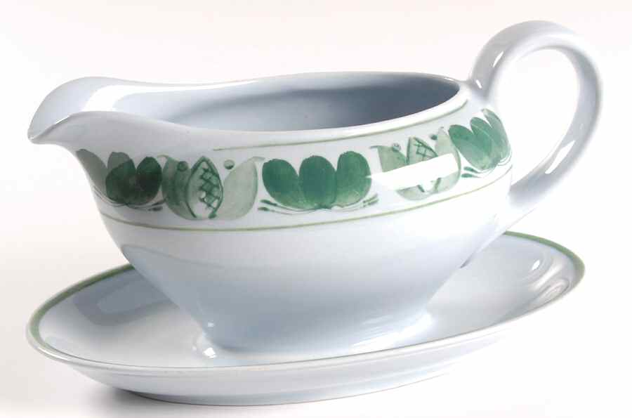 Green Laurel Gravy Boat with Attached Underplate by Arabia of Finland-1