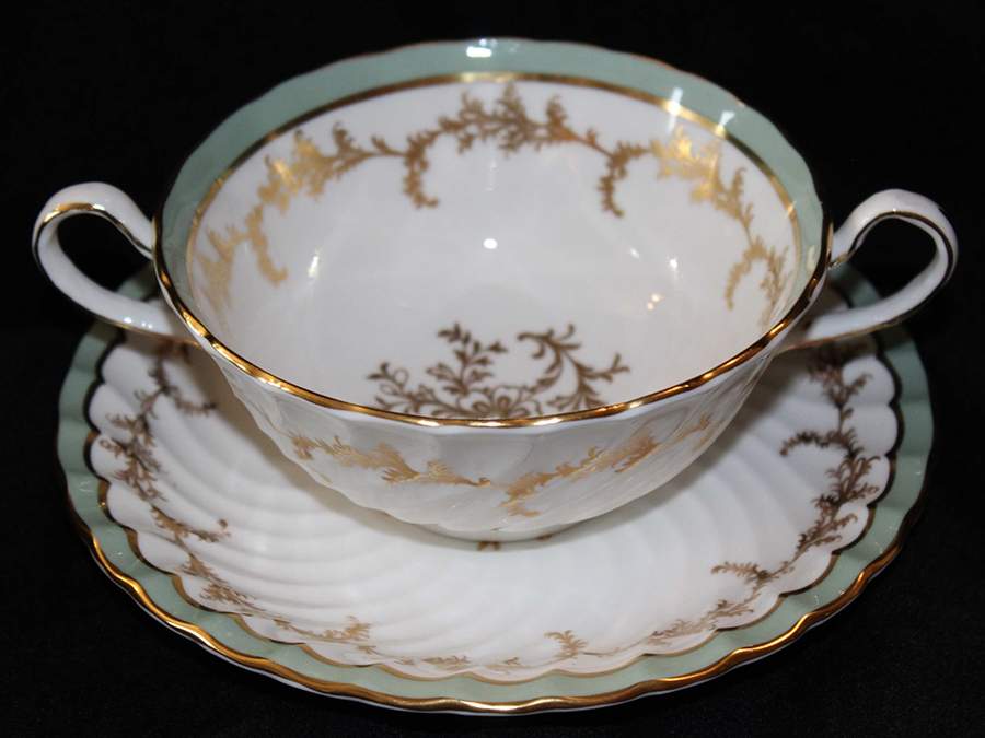 8155 Green Footed Cream Soup Bowl & Saucer Set by John  Aynsley & Sons-1