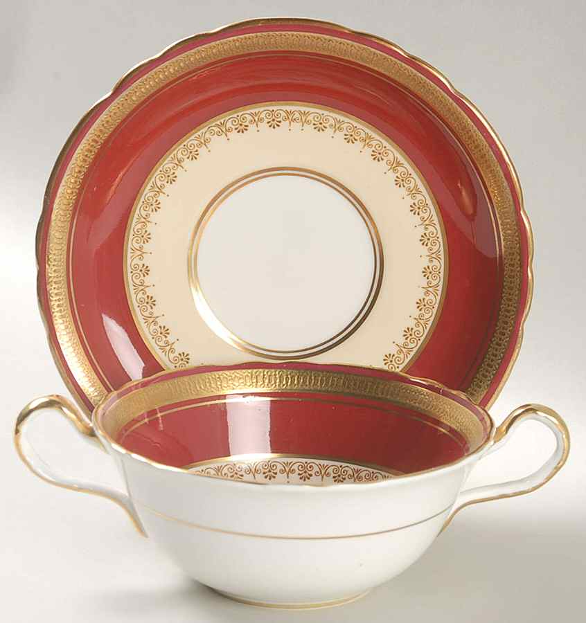 Durham Maroon (Scalloped, Gold Encrusted) Flat Cream Soup Bowl & Saucer Set by John  Aynsley & Sons-1