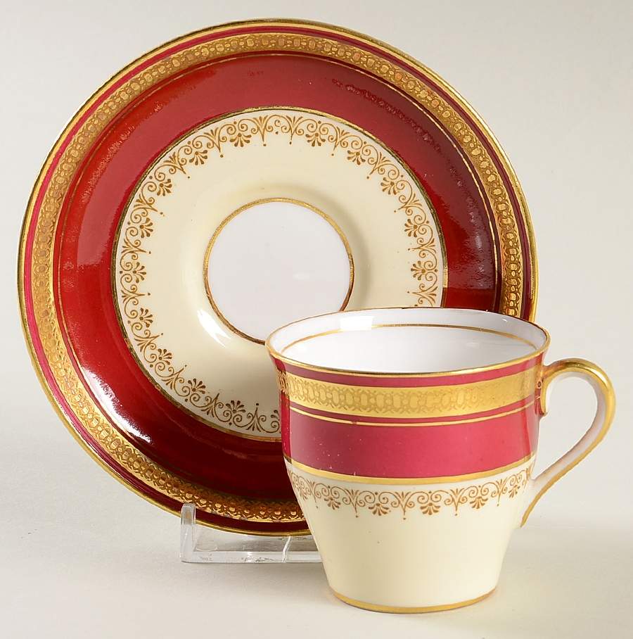 Durham Maroon (Scalloped, Gold Encrusted) Flat Demitasse Cup & Saucer Set by John  Aynsley & Sons-1