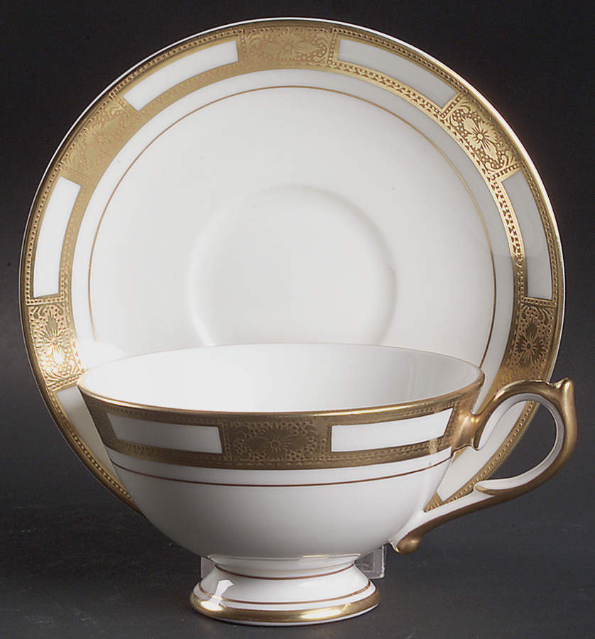 Empress White (Gold Encrusted, Smooth Or Scalloped) Footed Cup & Saucer Set by John  Aynsley & Sons-1