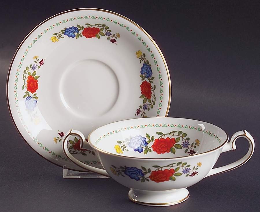Famille Rose Footed Cream Soup Bowl & Saucer Set by John  Aynsley & Sons-1