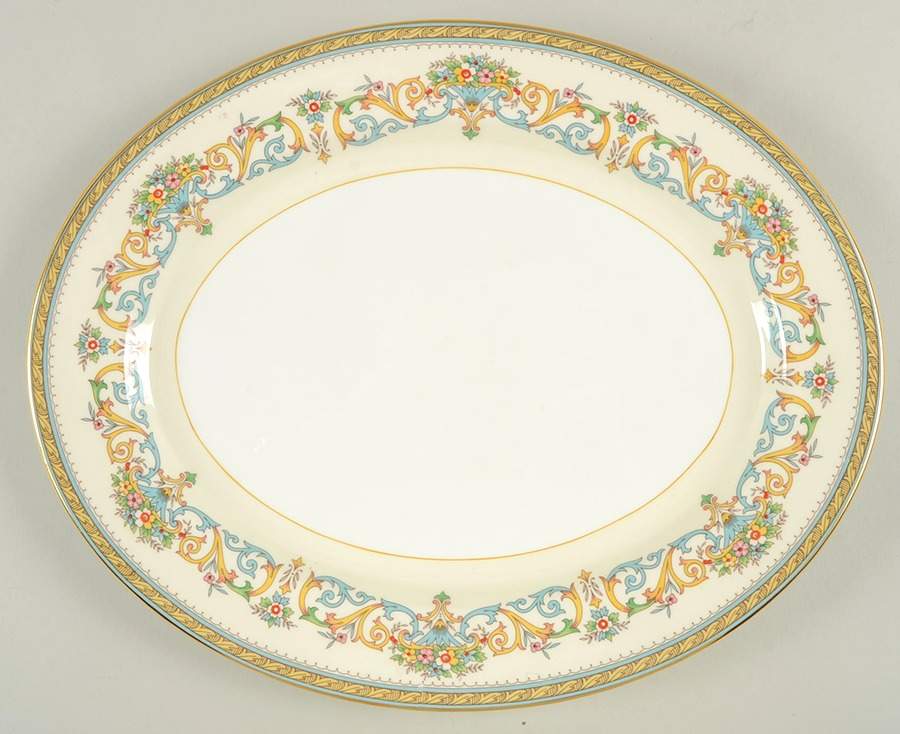 Henley (Smooth, Gold Trim, Green Backstamp) 13" Oval Serving Platter by John  Aynsley & Sons-1