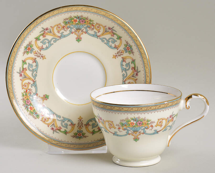 Henley (Smooth, Gold Trim, Green Backstamp) Footed Cup & Saucer Set by John  Aynsley & Sons-1