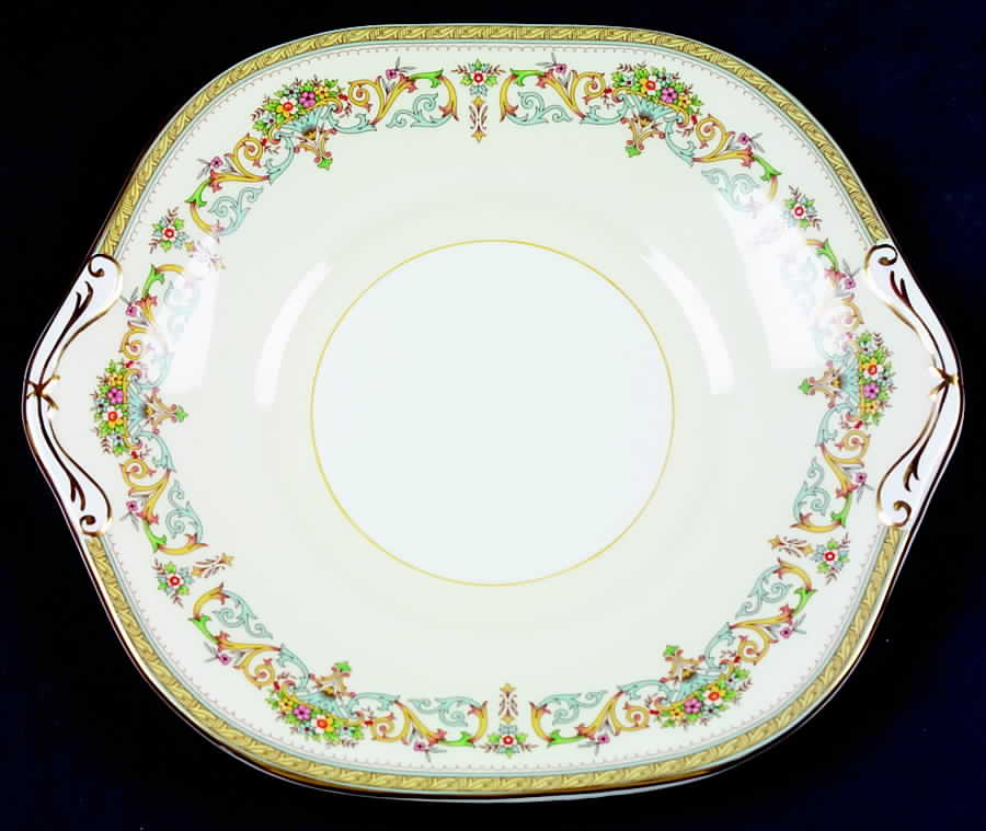 Henley (Smooth, Gold Trim, Green Backstamp) Square Handled Cake Plate by John  Aynsley & Sons-1