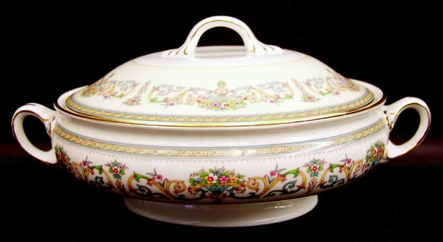 Henley (Smooth, Gold Trim, Green Backstamp) Round Covered Vegetable by John  Aynsley & Sons-1