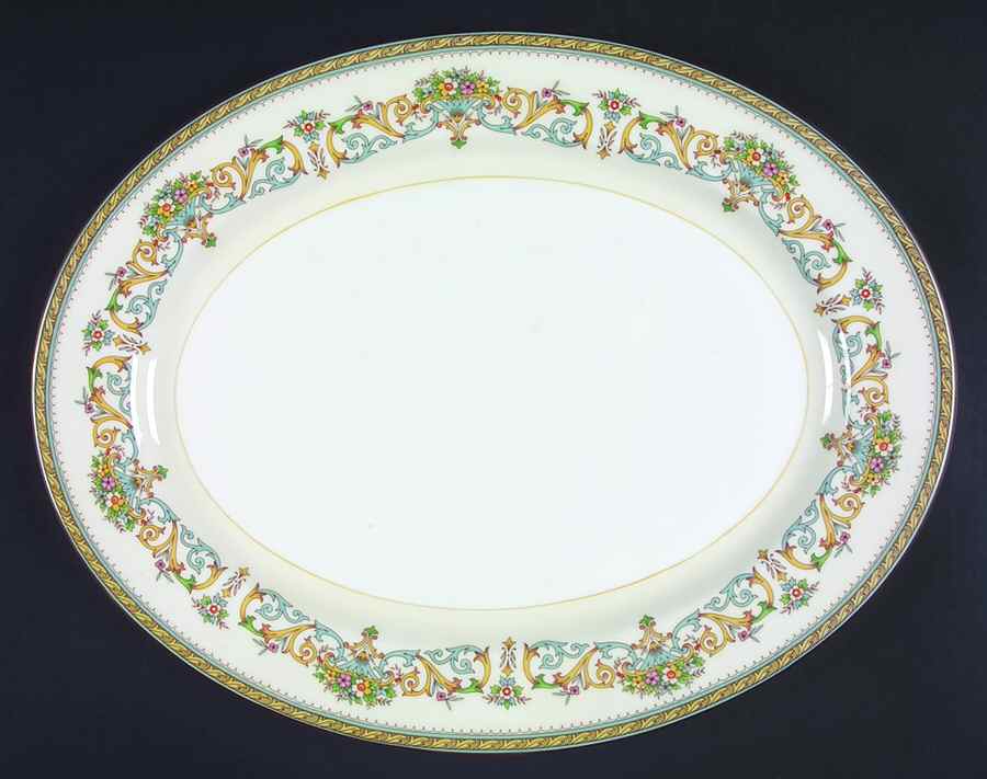 Henley (Smooth, Gold Trim, Green Backstamp) 15" Oval Serving Platter by John  Aynsley & Sons-1