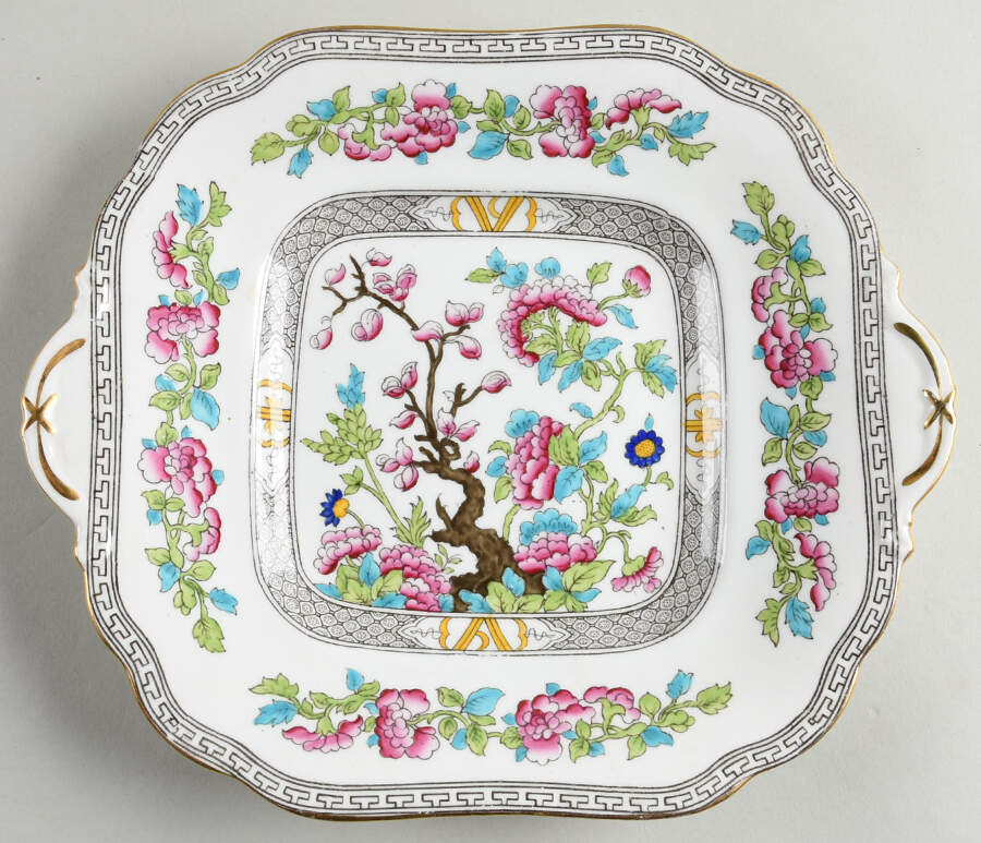 Indian Tree (Gold Trim, Black Key, Scalloped) Square Handled Cake Plate by John  Aynsley & Sons-1