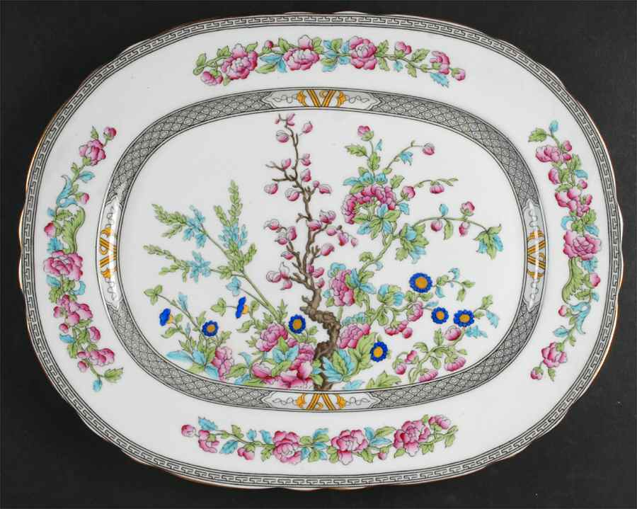 Indian Tree (Gold Trim, Black Key, Scalloped) 15" Oval Serving Platter by John  Aynsley & Sons-1