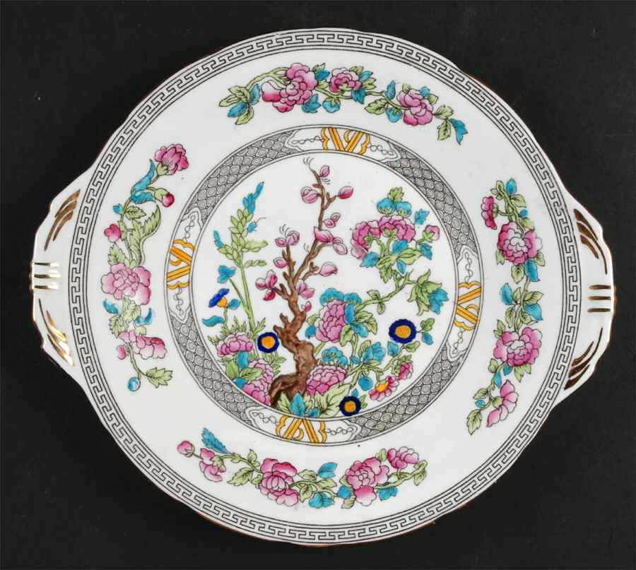 Indian Tree (Gold Trim, Black Key, Scalloped) Handled Cake Plate by John  Aynsley & Sons-1