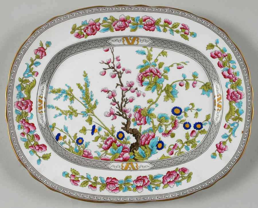 Indian Tree (Gold Trim, Black Key, Scalloped) 13" Oval Serving Platter by John  Aynsley & Sons-1