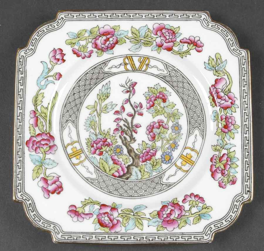 Indian Tree (Gold Trim, Black Key, Scalloped) Square Salad Plate by John  Aynsley & Sons-1