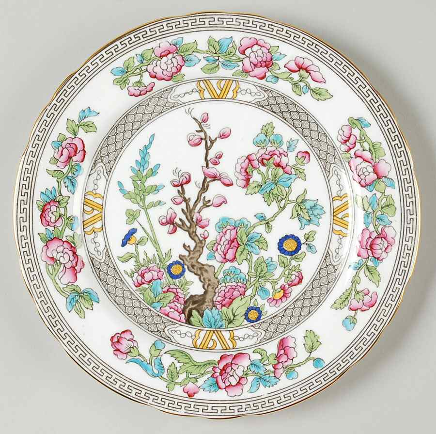 Indian Tree (Gold Trim, Black Key, Scalloped) Salad Plate by John  Aynsley & Sons-1