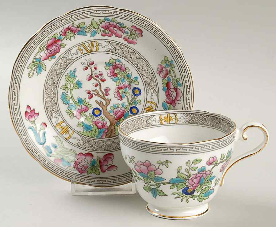 Indian Tree (Gold Trim, Black Key, Scalloped) Footed Cup & Saucer Set by John  Aynsley & Sons-1