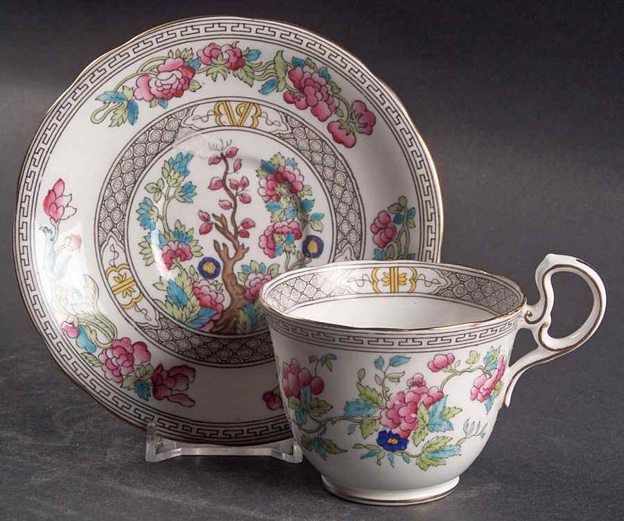 Indian Tree (Gold Trim, Black Key, Scalloped) Flat Cup & Saucer Set by John  Aynsley & Sons-1