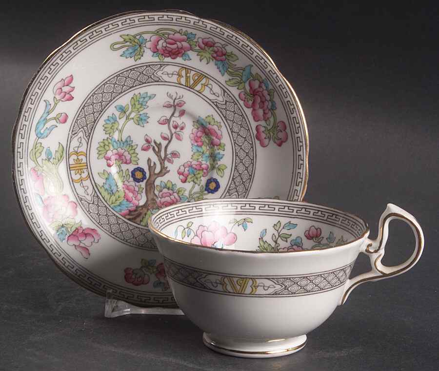 Indian Tree (Gold Trim, Black Key, Scalloped) Footed Cup & Saucer Set by John  Aynsley & Sons-1
