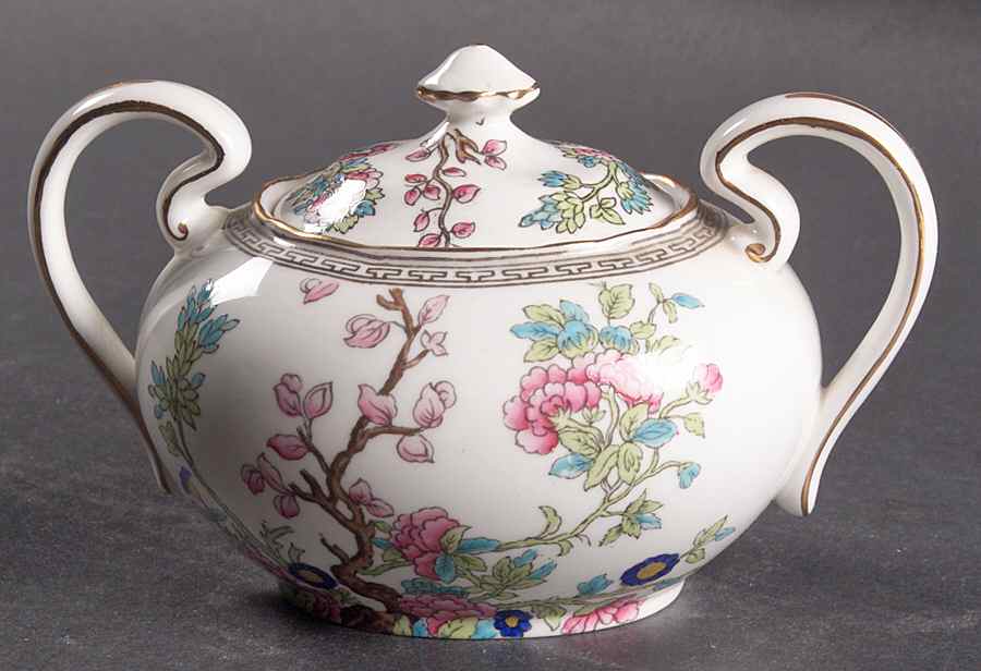 Indian Tree (Gold Trim, Black Key, Scalloped) Sugar Bowl & Lid by John  Aynsley & Sons-1