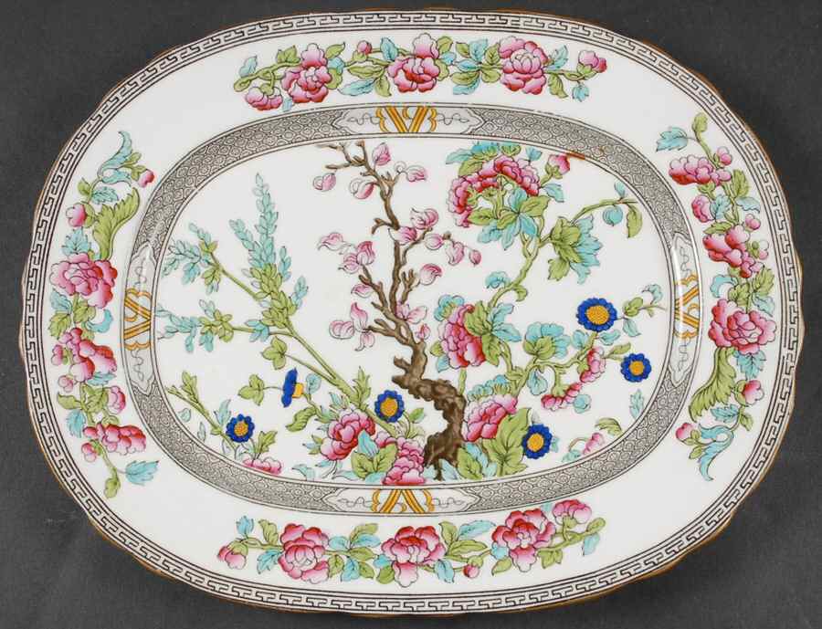 Indian Tree (Gold Trim, Black Key, Scalloped) 11" Oval Serving Platter by John  Aynsley & Sons-1