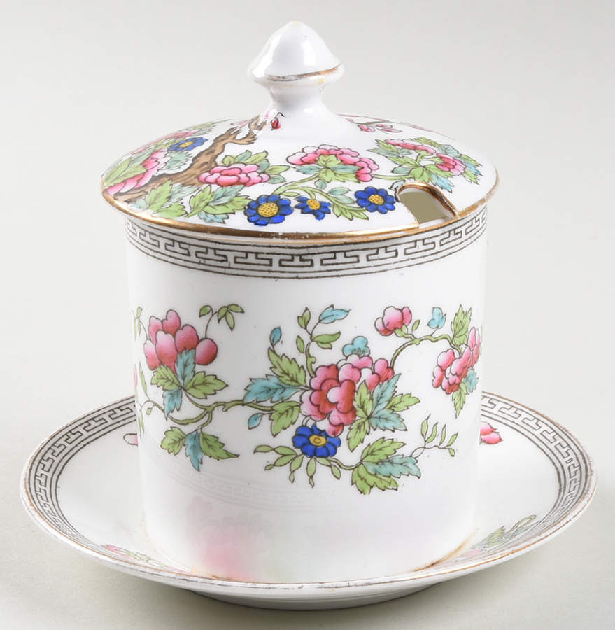 Indian Tree (Gold Trim, Black Key, Smooth) Jam/Jelly & Lid w/Attached Underplate by John  Aynsley & Sons-1