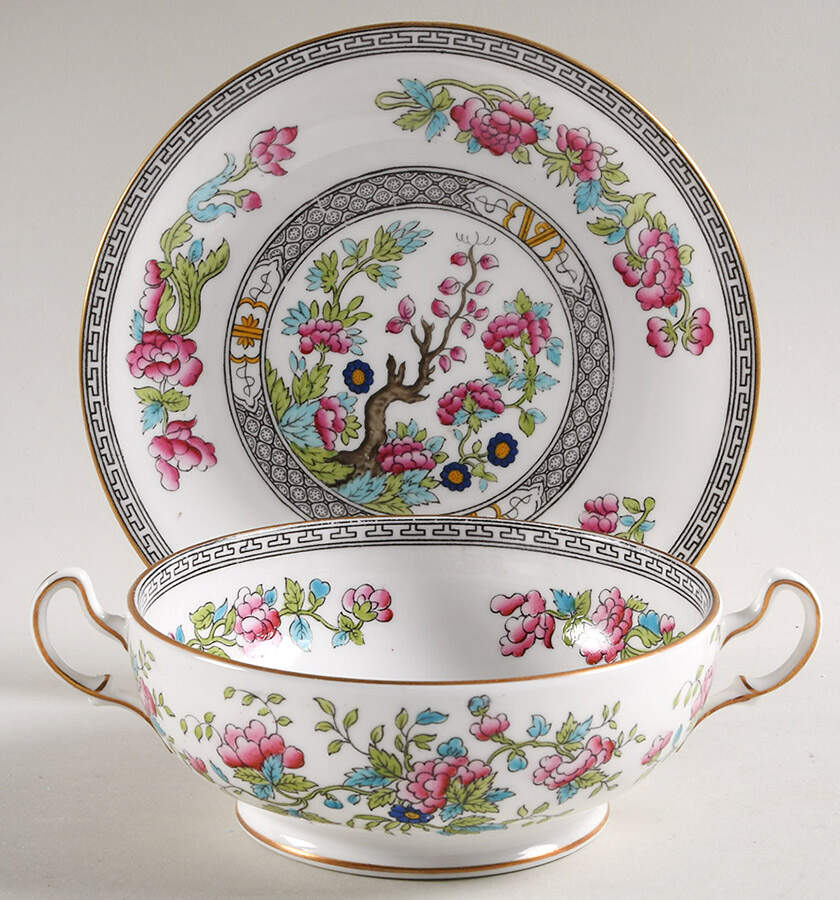 Indian Tree (Gold Trim, Black Key, Smooth) Footed Cream Soup Bowl & Saucer Set by John  Aynsley & Sons-1