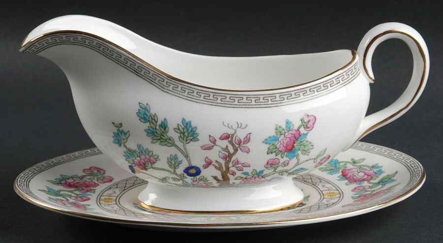 Indian Tree (Gold Trim, Black Key, Smooth) Gravy Boat & Underplate by John  Aynsley & Sons-1
