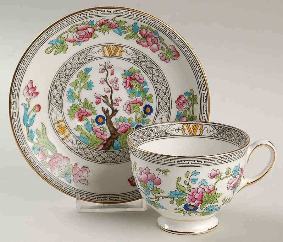 Indian Tree (Gold Trim, Black Key, Smooth) Footed Cup & Saucer Set by John  Aynsley & Sons-1
