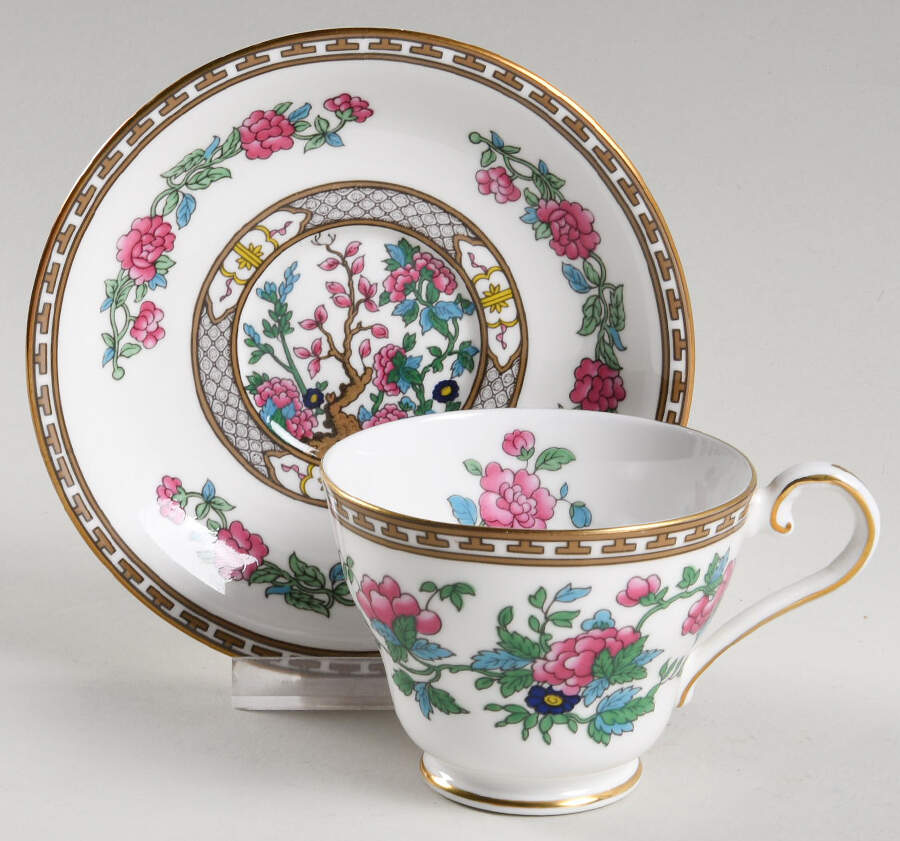 Indian Tree (Gold Trim, Gold Key, Smooth) Footed Cup & Saucer Set by John  Aynsley & Sons-1