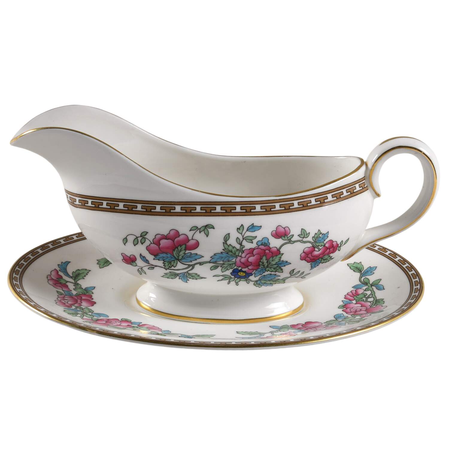 Indian Tree (Gold Trim, Gold Key, Smooth) Gravy Boat & Underplate by John  Aynsley & Sons-1