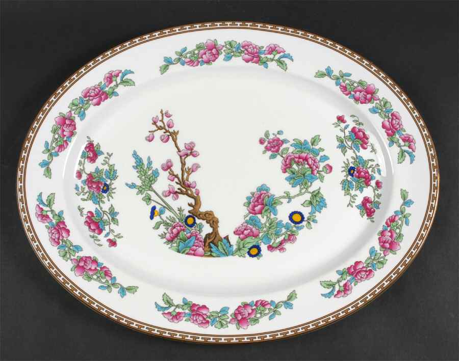 Indian Tree (Gold Trim, Gold Key, Smooth) 15" Oval Serving Platter by John  Aynsley & Sons-1