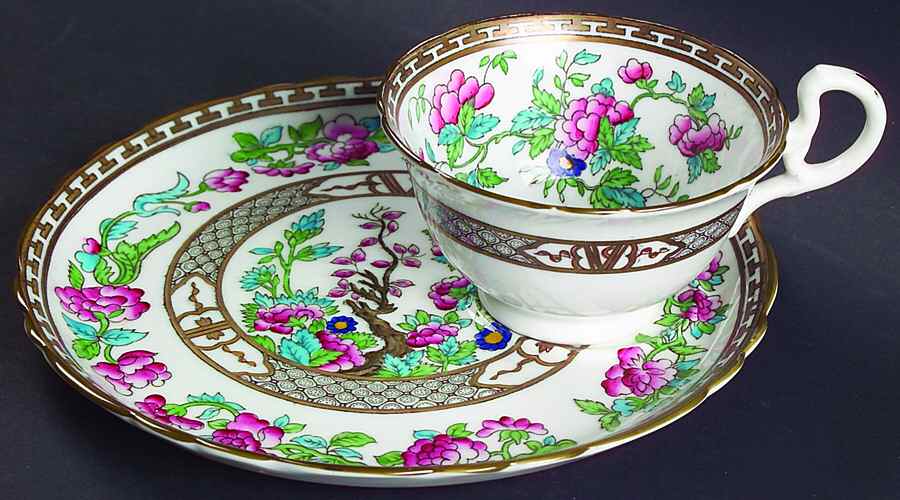 Indian Tree (Green Trim, Gold Key, Scalloped) Snack Plate & Cup Set by John  Aynsley & Sons-1