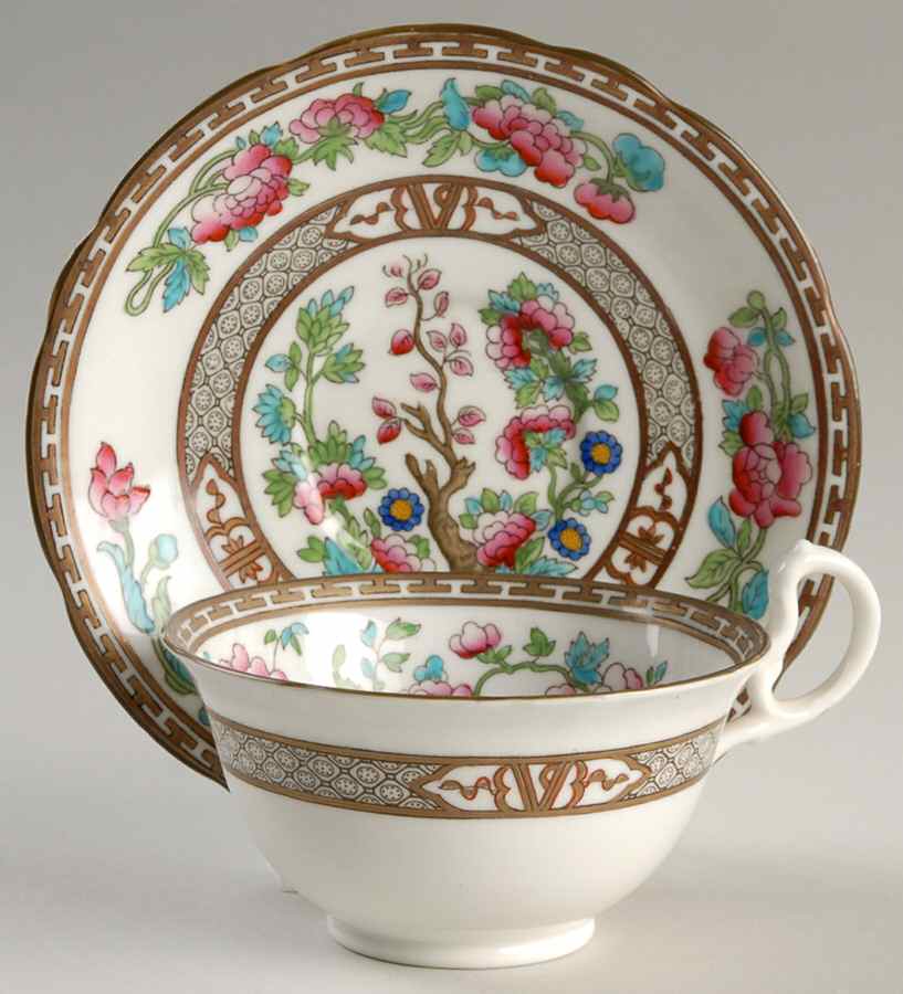 Indian Tree (Green Trim, Gold Key, Scalloped) Footed Cup & Saucer Set by John  Aynsley & Sons-1