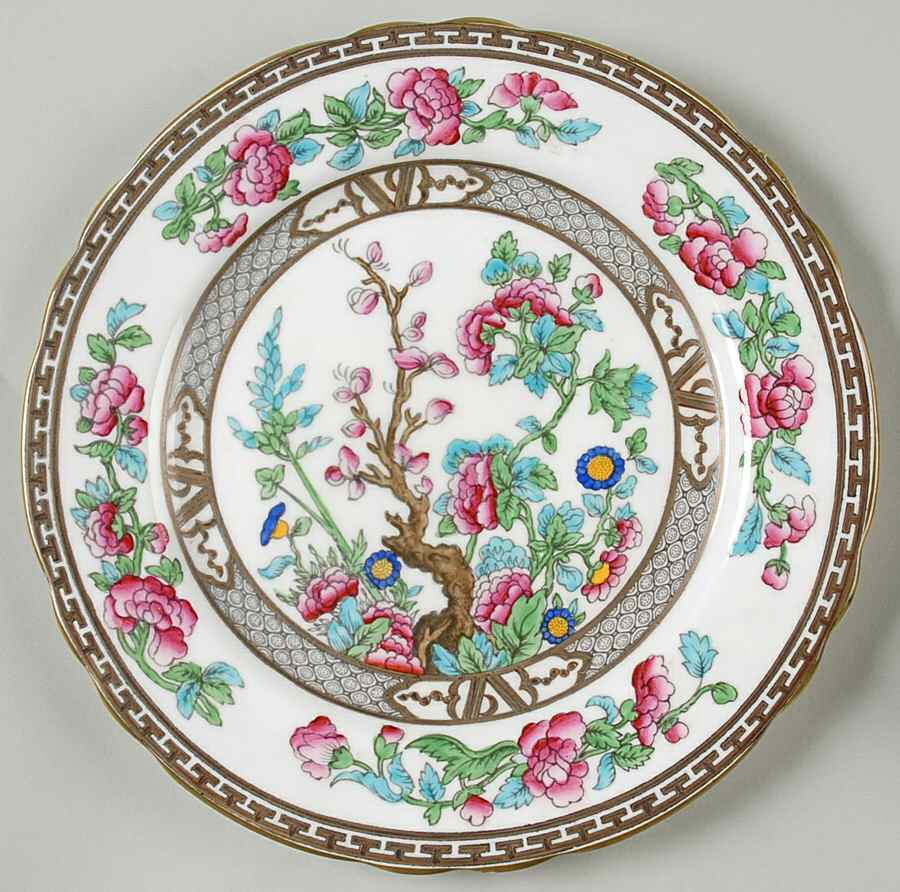 Indian Tree (Green Trim, Gold Key, Scalloped) Salad Plate by John  Aynsley & Sons-1