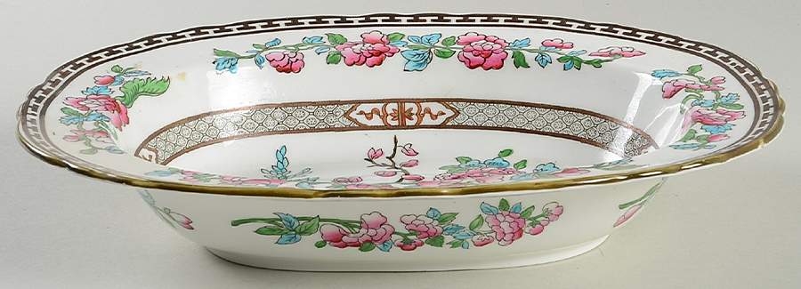 Indian Tree (Green Trim, Gold Key, Scalloped) 9" Oval Vegetable Bowl by John  Aynsley & Sons-1