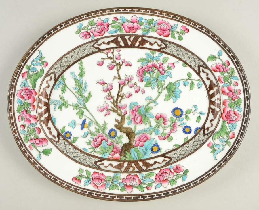 Indian Tree (Green Trim, Gold Key, Smooth) 11" Oval Serving Platter by John  Aynsley & Sons-1