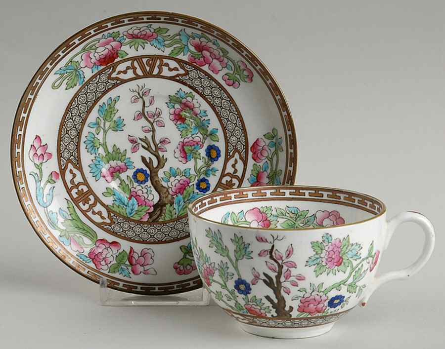 Indian Tree (Green Trim, Gold Key, Smooth) Flat Cup & Saucer Set by John  Aynsley & Sons-1
