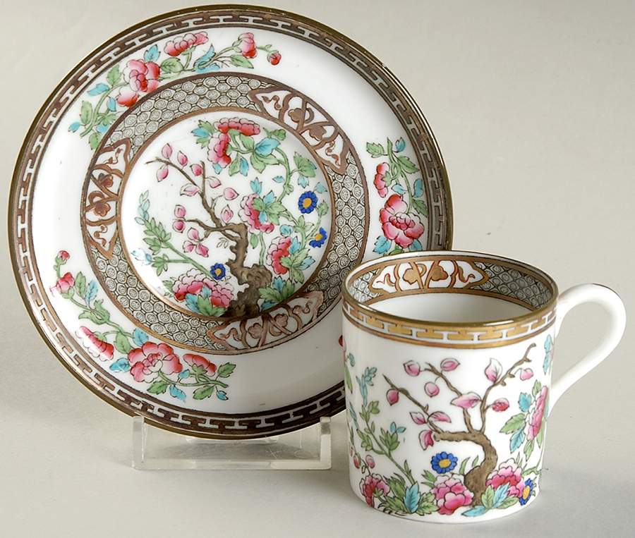 Indian Tree (Green Trim, Gold Key, Smooth) Flat Demitasse Cup & Saucer Set by John  Aynsley & Sons-1