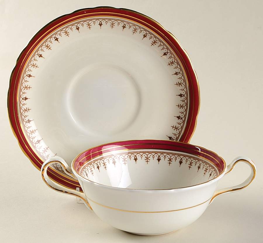 Durham Maroon (Scalloped, Not Encrusted) Flat Cream Soup Bowl & Saucer Set by John  Aynsley & Sons-1