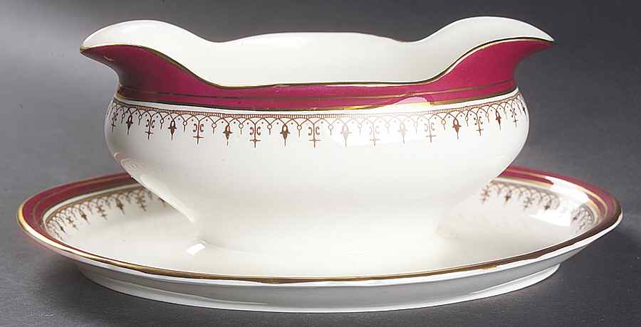 Durham Maroon (Scalloped, Not Encrusted) Gravy Boat with Attached Underplate by John  Aynsley & Sons-1