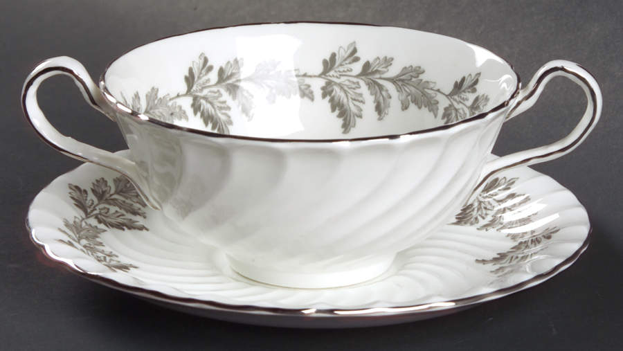 Oak Leaf Gray (Fluted) Flat Cream Soup Bowl & Saucer Set by John  Aynsley & Sons-1