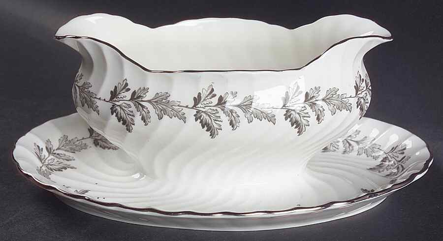 Oak Leaf Gray (Fluted) Gravy Boat with Attached Underplate by John  Aynsley & Sons-1