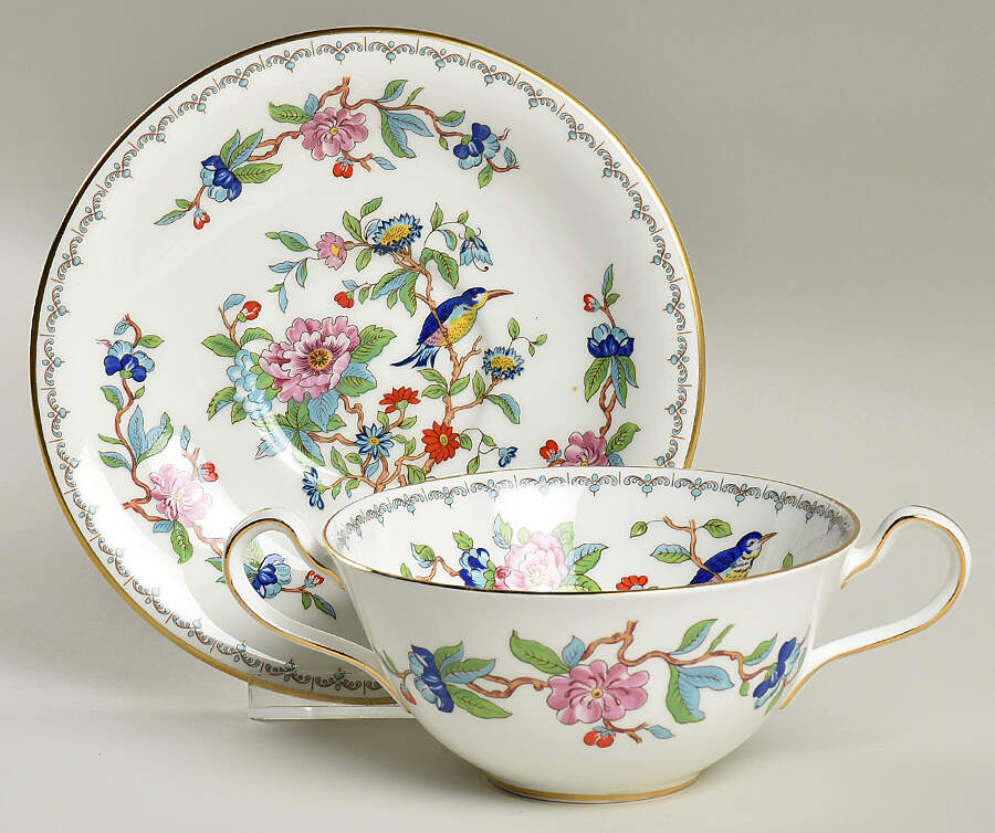 Pembroke (Gold Trim) Flat Cream Soup Bowl & Saucer Set by John  Aynsley & Sons-1