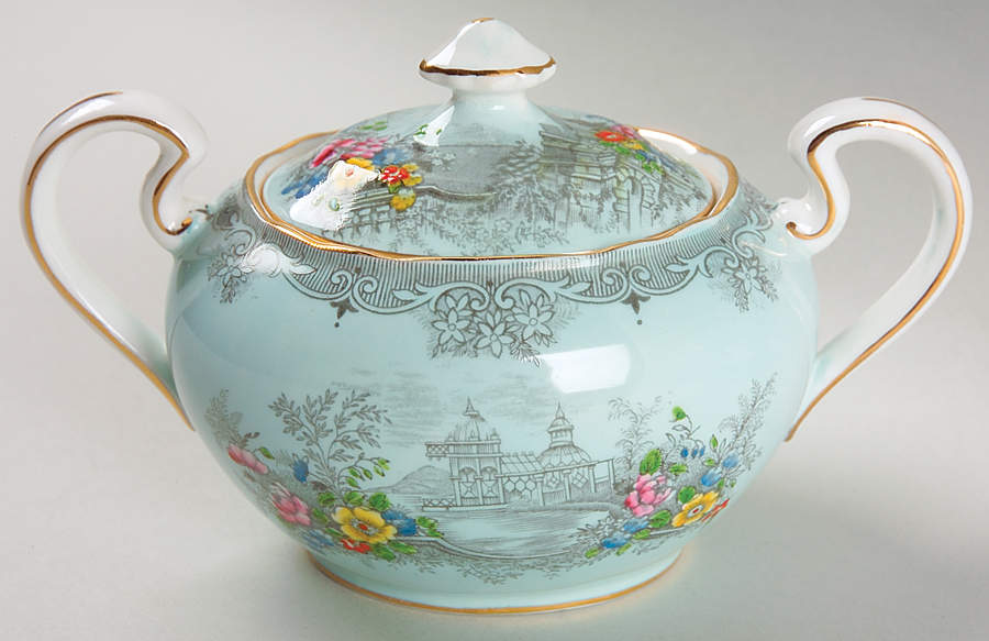 Queen's Garden (Blue, Scalloped) Sugar Bowl & Lid by John  Aynsley & Sons-1